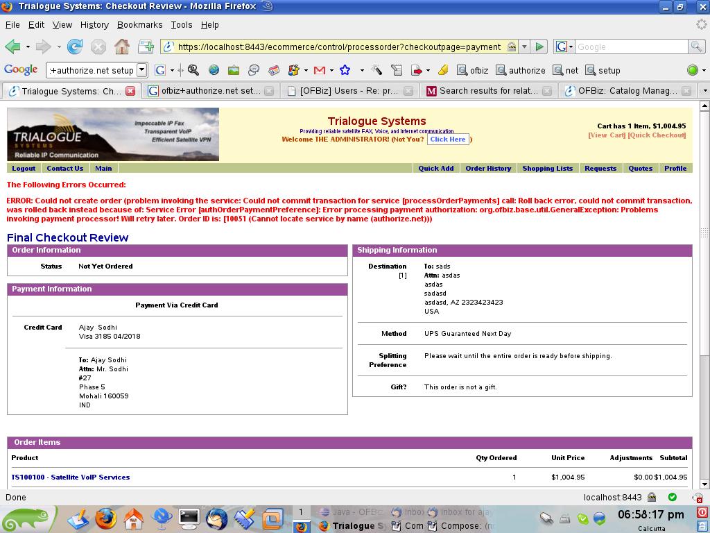 The Following Errors Occurred:,,ERROR: Could not create order (problem invoking the service: Could not commit transaction for service [processOrderPayments] call: Roll back error, could not commit transaction, was rolled back instead because of: Service Error [authOrderPaymentPreference]: Error processing payment authorization: org.ofbiz.base.util.GeneralException: Problems invoking payment processor! Will retry later. Order ID is: [10051 (Cannot locate service by name (authorize.net)))